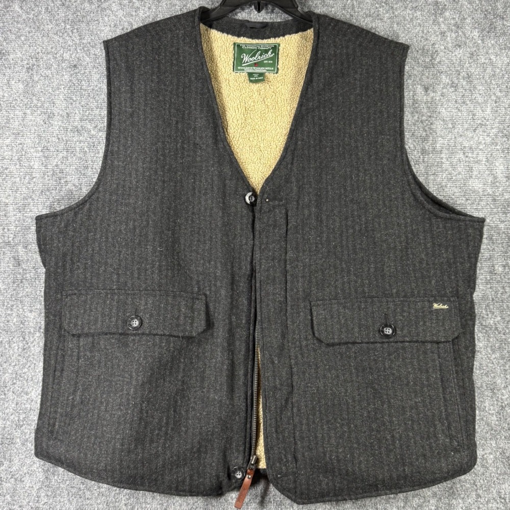 Woolrich Vest Mens 2XL XXL Charcoal Grey Stripe Wool Sherpa Lined Outdoors